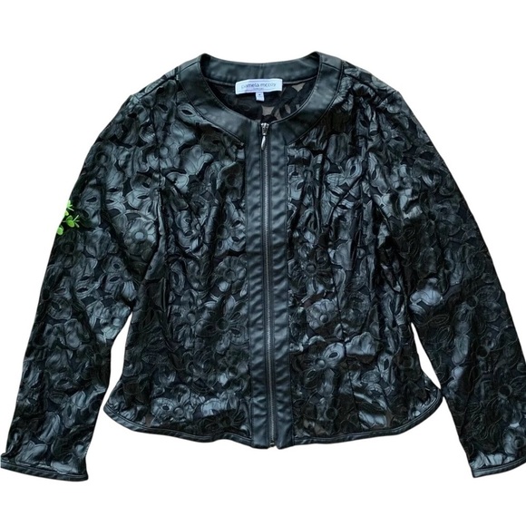 Pamela McCoy Collection Faux Leather Sheer Floral Zip Moto Jacket Black Size M - Picture 6 of 6